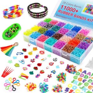 INSCRAFT Rubber Band Refill Kit, Over 11000 Rubber Bands, 28 Colors with Container, 600 Clips, 200 Beads, 52 ABC Beads, Premium Bracelet Making Refill Kit for Girls Kids