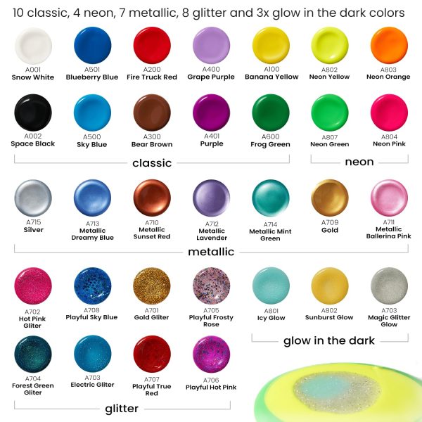 ARTEZA 32 Tempera Paint, 2.03oz/60ml Bottles, Washable Tempera Paint for Kids, Includes Neon, Glitter & Glow-in-The-Dark