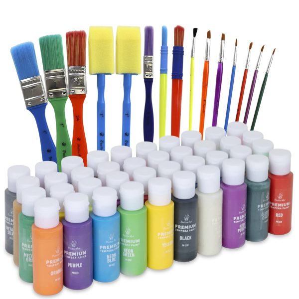 Kids Tempera Paint Set | Value Pack Includes 40 Washable Non-Toxic Colorful Paints (2oz bottles) & 15 Brushes | Metallic, Neon, Glow In The Dark, Glitter Paints | Paint For Arts & Crafts, Fun Projects