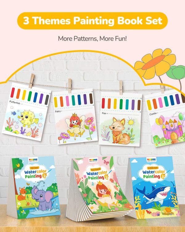 TECJOE 3 Pack Paint with Water Coloring Books for Toddlers, Watercolor Paint Set with 6 Brushes, Painting Activity for Kids Ages 4 5 6 7 8, Birthday Gifts Arts & Crafts Toy, Princess, Forest & Sea