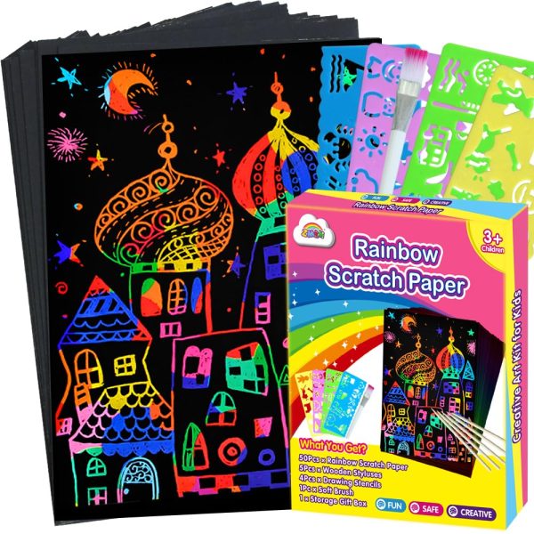 ZMLM Scratch Art Crafts Girls Gifts, 60 Rainbow Scratch Paper Art Gifts for 3 4 5 6 7 8 9 10 Years Old Girls and Boys Kids, Arts and Crafts for Kids 4-6 Birthday Toys and Games Activities Gift (Pink)