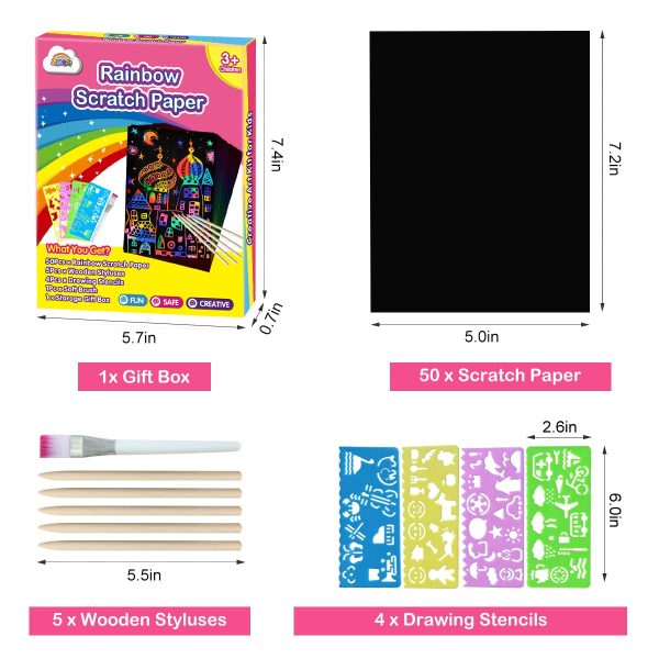 ZMLM Scratch Art Crafts Girls Gifts, 60 Rainbow Scratch Paper Art Gifts for 3 4 5 6 7 8 9 10 Years Old Girls and Boys Kids, Arts and Crafts for Kids 4-6 Birthday Toys and Games Activities Gift (Pink)
