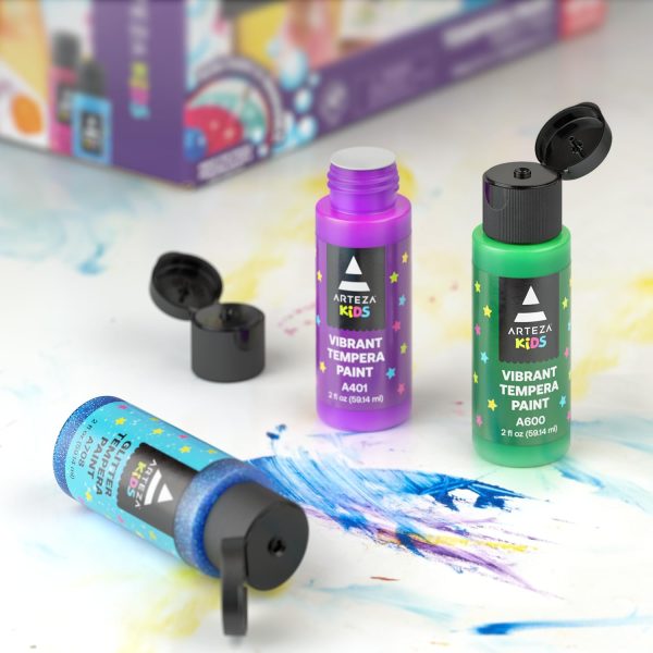 ARTEZA 32 Tempera Paint, 2.03oz/60ml Bottles, Washable Tempera Paint for Kids, Includes Neon, Glitter & Glow-in-The-Dark