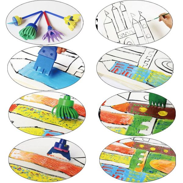 EVNEED Paint Sponges for Kids,29 pcs of Fun Paint Brushes for Toddlers.Coming with Roller,Flower Pattern Brush, Brush Set, Long Sleeve Waterproof Apron with 3 Roomy Pockets