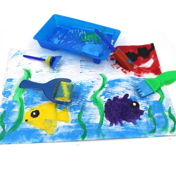 EVNEED Paint Sponges for Kids,29 pcs of Fun Paint Brushes for Toddlers.Coming with Roller,Flower Pattern Brush, Brush Set, Long Sleeve Waterproof Apron with 3 Roomy Pockets