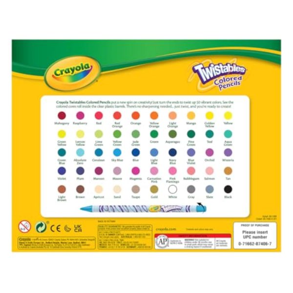 Crayola Twistables Colored Pencil Set for Kids (50ct), No Sharpen Coloring Book Pencils, Essential Classroom Supplies, Cute Back to School Gifts for Kids, 4+