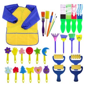 EVNEED Paint Sponges for Kids,29 pcs of Fun Paint Brushes for Toddlers.Coming with Roller,Flower Pattern Brush, Brush Set, Long Sleeve Waterproof Apron with 3 Roomy Pockets