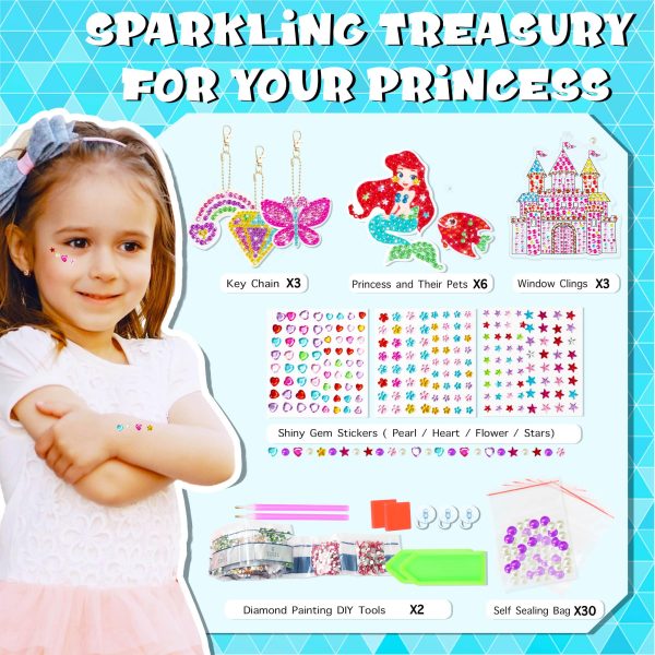 sinceroduct Diamond Art Kits for Kids with 6 Princess and Animals Stickers, 3 Gem Art Keychains and Suncatchers, Make Your Own Arts & Crafts, Christmas and Birthday Gifts for Girls Aged 4-8+