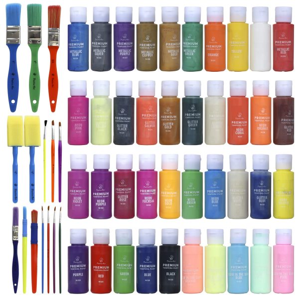Kids Tempera Paint Set | Value Pack Includes 40 Washable Non-Toxic Colorful Paints (2oz bottles) & 15 Brushes | Metallic, Neon, Glow In The Dark, Glitter Paints | Paint For Arts & Crafts, Fun Projects