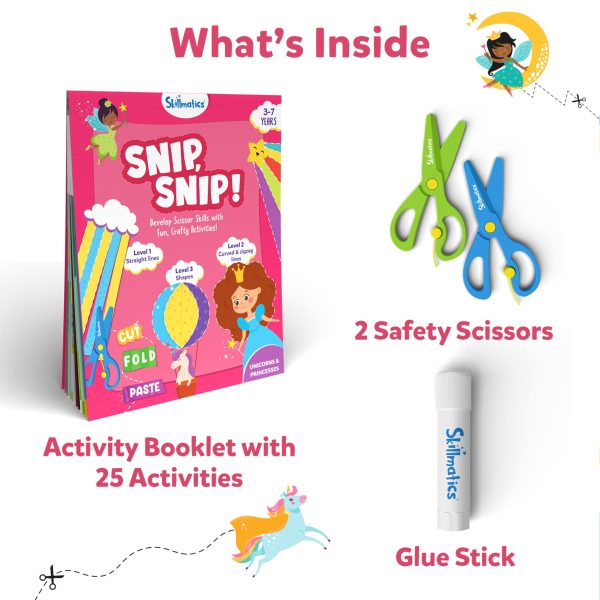 Skillmatics Scissor Skills Activity Book - Snip Snip, 25 Fun Cutting & Creative Activities for Preschoolers, 2 Child-Safe Scissors, Fine Motor Skills Craft Kit, Gifts for Kids Ages 3, 4, 5, 6, 7