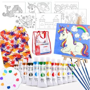 J MARK Kids' Acrylic Painting Kit - Unicorn Castle Theme, 28-Piece Set with Easel, Canvases, Brushes & More, Ages 4-12