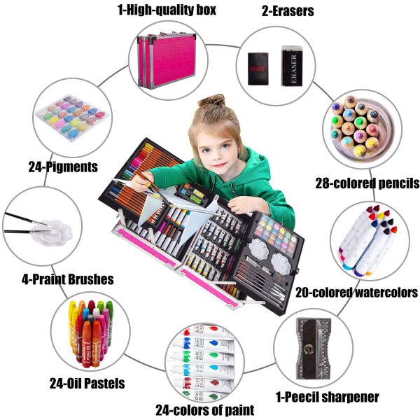KINSPORY Art Set, 139 Pack Painting Drawing Art Supplies Kit with 2 Sketch Pads, Double Layers Art Crafts, Colored Pencils, Oil Pastels, Watercolor Paints, Aluminum Gift Case for Artists Kids (Pink)