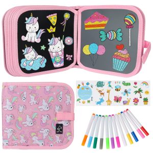 Qrytoi Erasable Book Doodle Set for Kids,Reusable Magic Drawing Book for Kids with 12 Watercolor Pens 14 Page Drawing,Road Trip Car Game Writing Painting Set for Boys and Girls (Pink Unicorn)