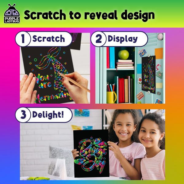 PURPLE LADYBUG Rainbow Scratch Art Paper, 79 PCS Creative Drawing Paper & Stencils - Arts and Crafts for Ages 4-12, Kids Craft Activity Set for Summer, Wedding, Travel, Birthday Party Games, Camping