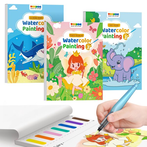TECJOE 3 Pack Paint with Water Coloring Books for Toddlers, Watercolor Paint Set with 6 Brushes, Painting Activity for Kids Ages 4 5 6 7 8, Birthday Gifts Arts & Crafts Toy, Princess, Forest & Sea