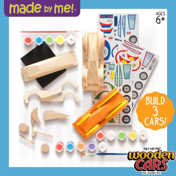 Made By Me Build & Paint Your Own Wooden Cars by Horizon Group USA, DIY Wood Craft Kit, Easy to Assemble & Paint 3 Race Cars, Multicolored