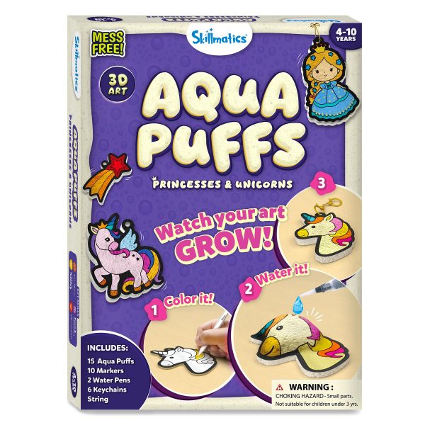 Skillmatics 3D Art Kit - Aqua Puffs Princesses & Unicorns, Mess-Free Paint by Number Craft for Kids, DIY Color & Inflate Activity, Travel & Creative Gift for Girls & Boys Ages 4, 5, 6, 7, 8, 9, 10