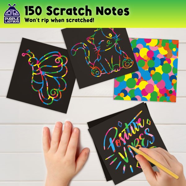 PURPLE LADYBUG 150 Rainbow Scratch Art Mini Notes - Arts and Crafts Supplies, Fun & Colorful Scratch Paper for Kids & Teens Gift, Classroom School Supplies, Back to School Gift, Travel, Camping