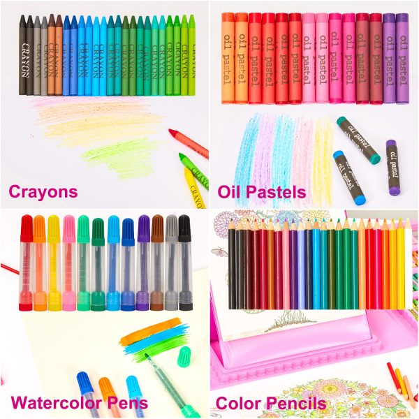 KINSPORY Art Supplies, 290 Pack Art Sets Crafts Drawing Coloring kit, Double-Side Trifold Easel, Oil Pastels, Crayons, Colored Pencils, Creative Gift for Beginners Artists Girls Boys Kids (Pink)