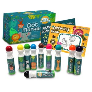 Wee Creators Dot Markers for Kids - 10 Colors / 2 Activity Books / 50 Tearable Pages | Mess Free Coloring for Toddlers - Washable Markers | Dot Markers for Toddlers Art Supplies| Dot Paint by Numbers