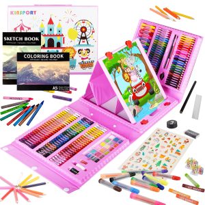 KINSPORY Art Supplies, 290 Pack Art Sets Crafts Drawing Coloring kit, Double-Side Trifold Easel, Oil Pastels, Crayons, Colored Pencils, Creative Gift for Beginners Artists Girls Boys Kids (Pink)