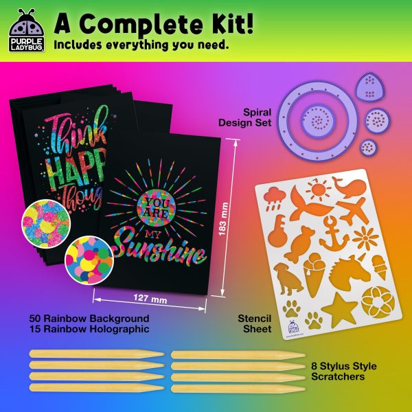 PURPLE LADYBUG Rainbow Scratch Art Paper, 79 PCS Creative Drawing Paper & Stencils - Arts and Crafts for Ages 4-12, Kids Craft Activity Set for Summer, Wedding, Travel, Birthday Party Games, Camping