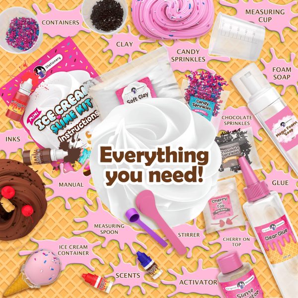 Original Stationery Mini Ice Cream Slime Kit for Girls Ages 7-12 - Small Multicolor Ice Cream Slime Maker Kit with Sprinkles (Strawberry Scented)