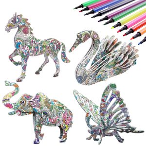 KAZOKU 3D Coloring Puzzle Set, Arts and Crafts for Girls&Boys Ages 6-12 Toys 4 Animals Puzzles with 12 Coloring Pens Supplies Fun Painting Kit Kids Age 8 9 10 11 12 Birthday Children's Day Gift