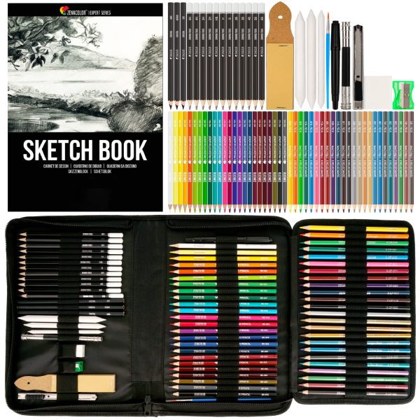 Zenacolor 74 Pack Drawing Kit with Drawing Pencils - Drawing Set for Sketching, Pro Sketch Art Supplies with Sketch Book, Colored, Graphite, Charcoal, Watercolor & Metallic Pencil for Adults and Kids